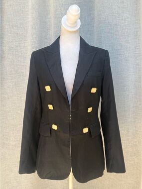 Elie Tahari linen blend black double breasted pearly square buttons blazer